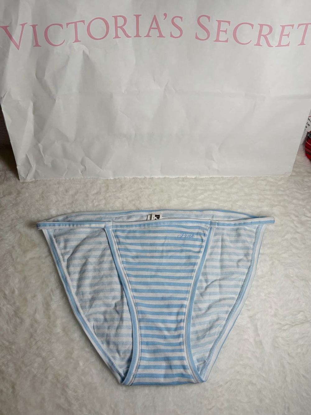 PINK Victoria’s Secret - Blue & White Striped Bikini Panty Logo Cotton - Picture 3 of 7